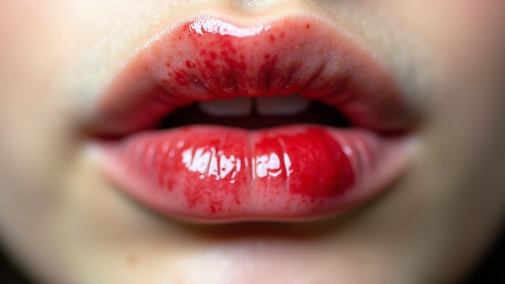 Erythroplasty Queyrat Dolna warga/Granica dolnej wargi czerwone podejrzane erytroplakiowe cechy